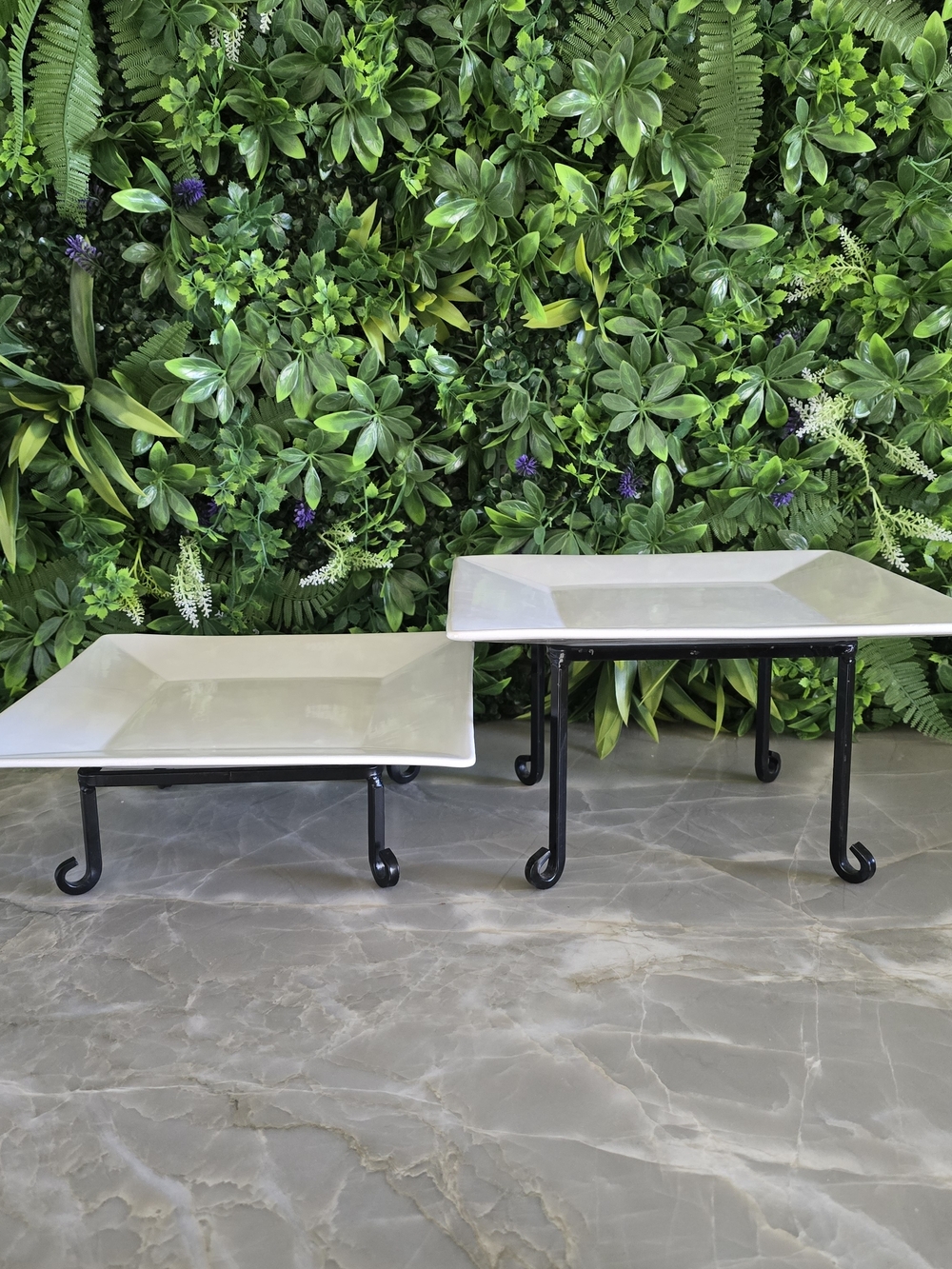 White Ceramic Square Serving Riser with Black Iron Stand - Set of 2